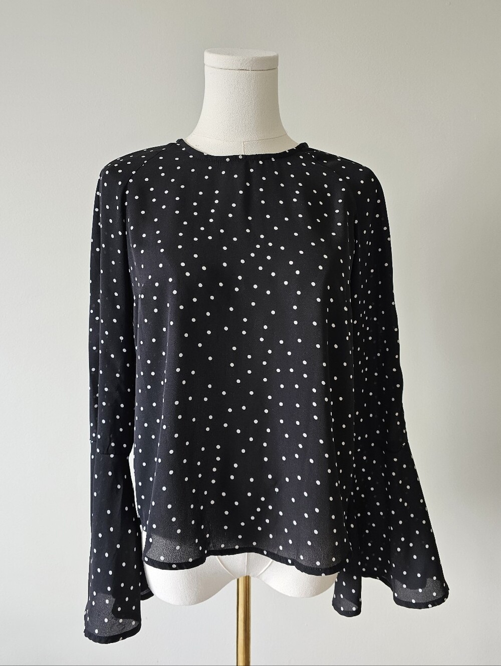 Dex S sheer Black Polka Dot Long-Sleeve Bell Blouse